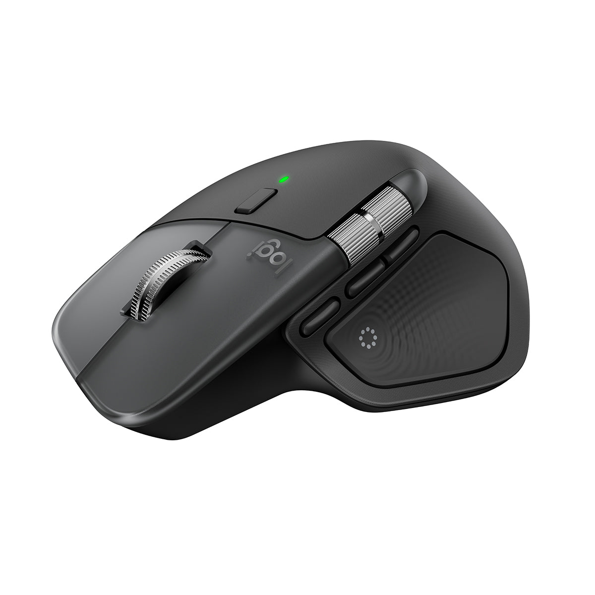 羅技 MX Master 4 for Mac 太空黑滑鼠側邊，展示動作環鍵與金屬側輪。Side view of Space Black Logitech MX Master 4 for Mac showcasing Actions Ring and metal thumb wheel.