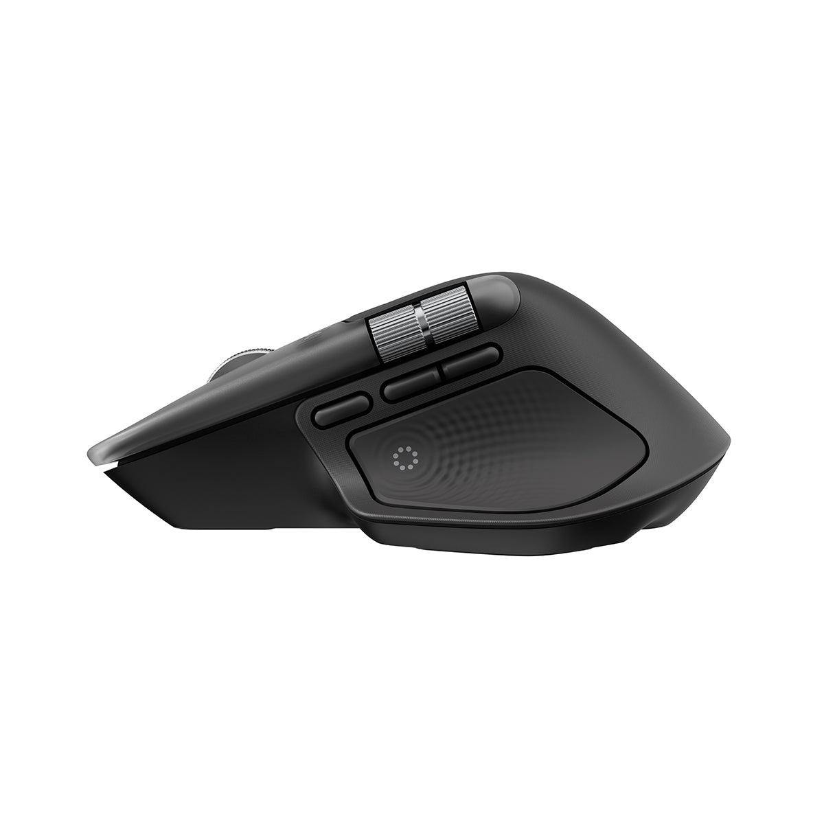 羅技 MX Master 4 for Mac 太空黑滑鼠側面，展示動作環鍵與側邊快捷鍵。Side view of Space Black Logitech MX Master 4 for Mac showcasing Actions Ring and thumb buttons.