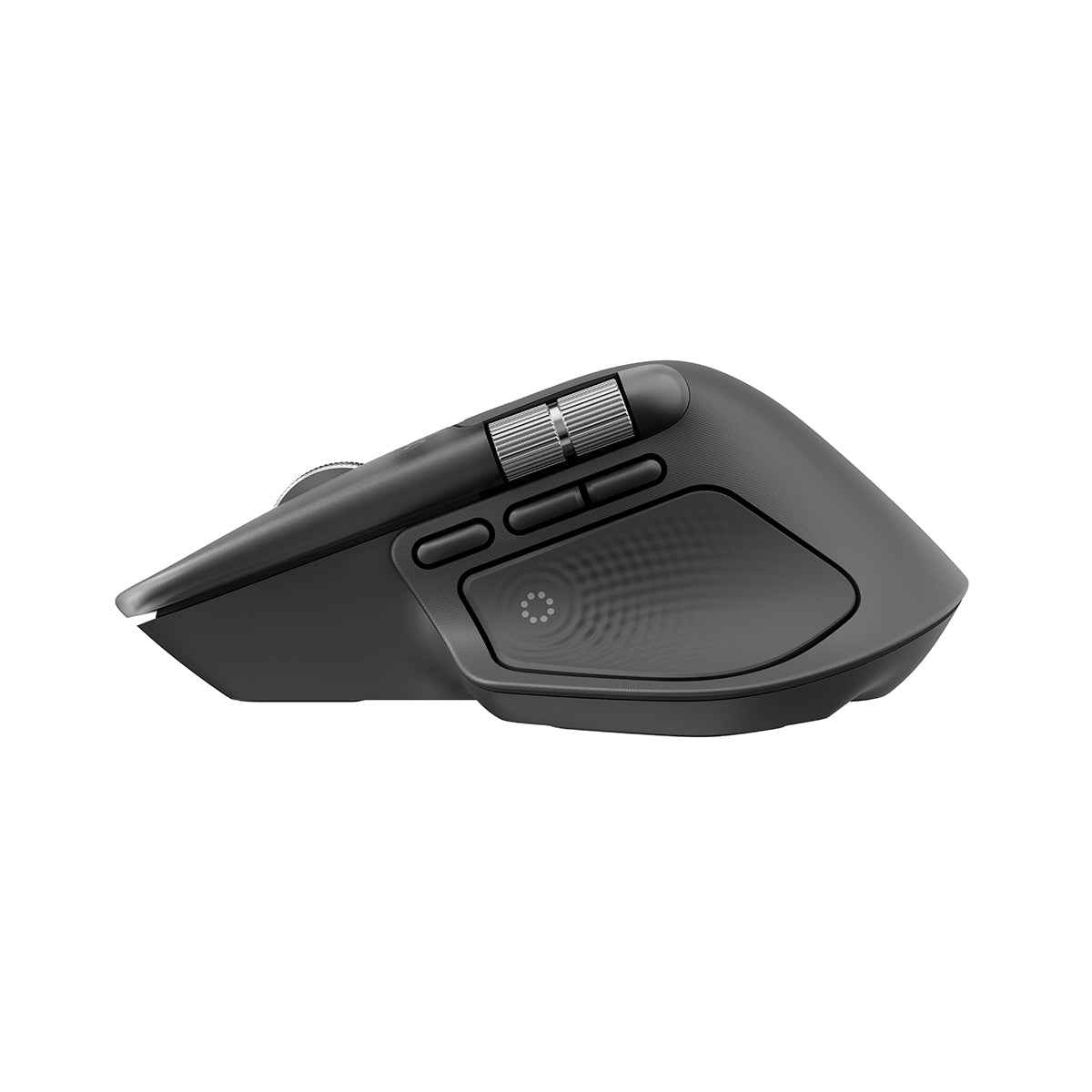 羅技 MX Master 4 黑色滑鼠側面，展示動作環鍵與人體工學拇指側輪。Side view of graphite Logitech MX Master 4 mouse showcasing Actions Ring and thumb wheel.