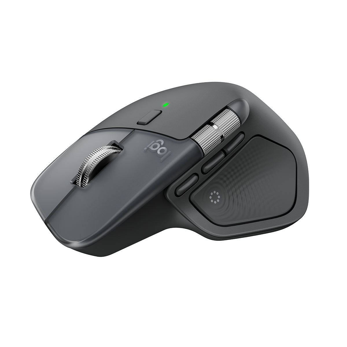羅技 MX Master 4 黑色滑鼠側邊特寫，展示全新動作環鍵快捷鍵功能。Side view of graphite Logitech MX Master 4 mouse showcasing the new Actions Ring feature.
