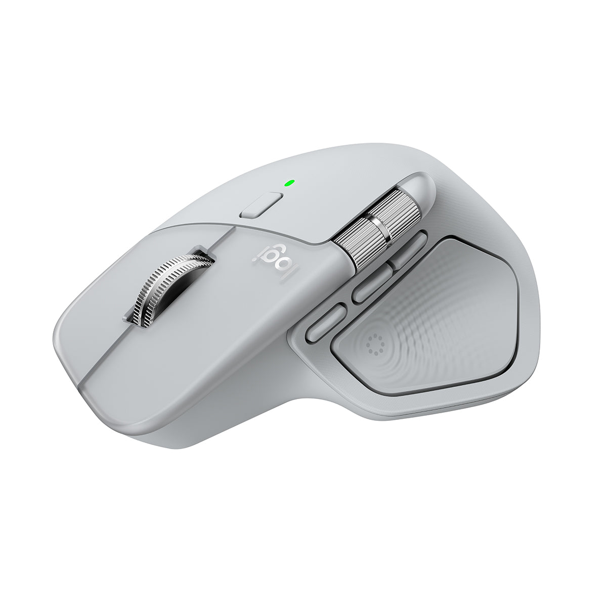 羅技 MX Master 4 珍珠白滑鼠側面，展示全新動作環鍵快捷鍵功能。Side view of pale grey Logitech MX Master 4 mouse showcasing the Actions Ring feature.