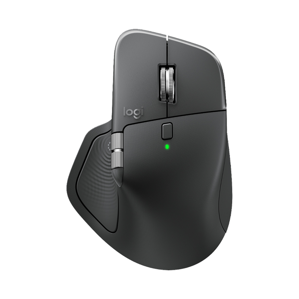 羅技 MX Master 4 黑色無線滑鼠正面，展示電磁滾輪與人體工學外型。Front view of graphite Logitech MX Master 4 wireless mouse with MagSpeed scroll wheel.