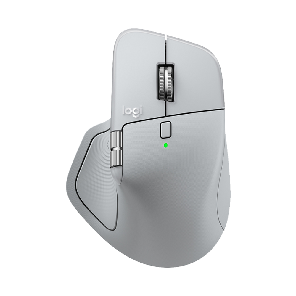 羅技 MX Master 4 珍珠白無線滑鼠正面，展示電磁滾輪與優雅機身。Front view of pale grey Logitech MX Master 4 wireless mouse with MagSpeed wheel.