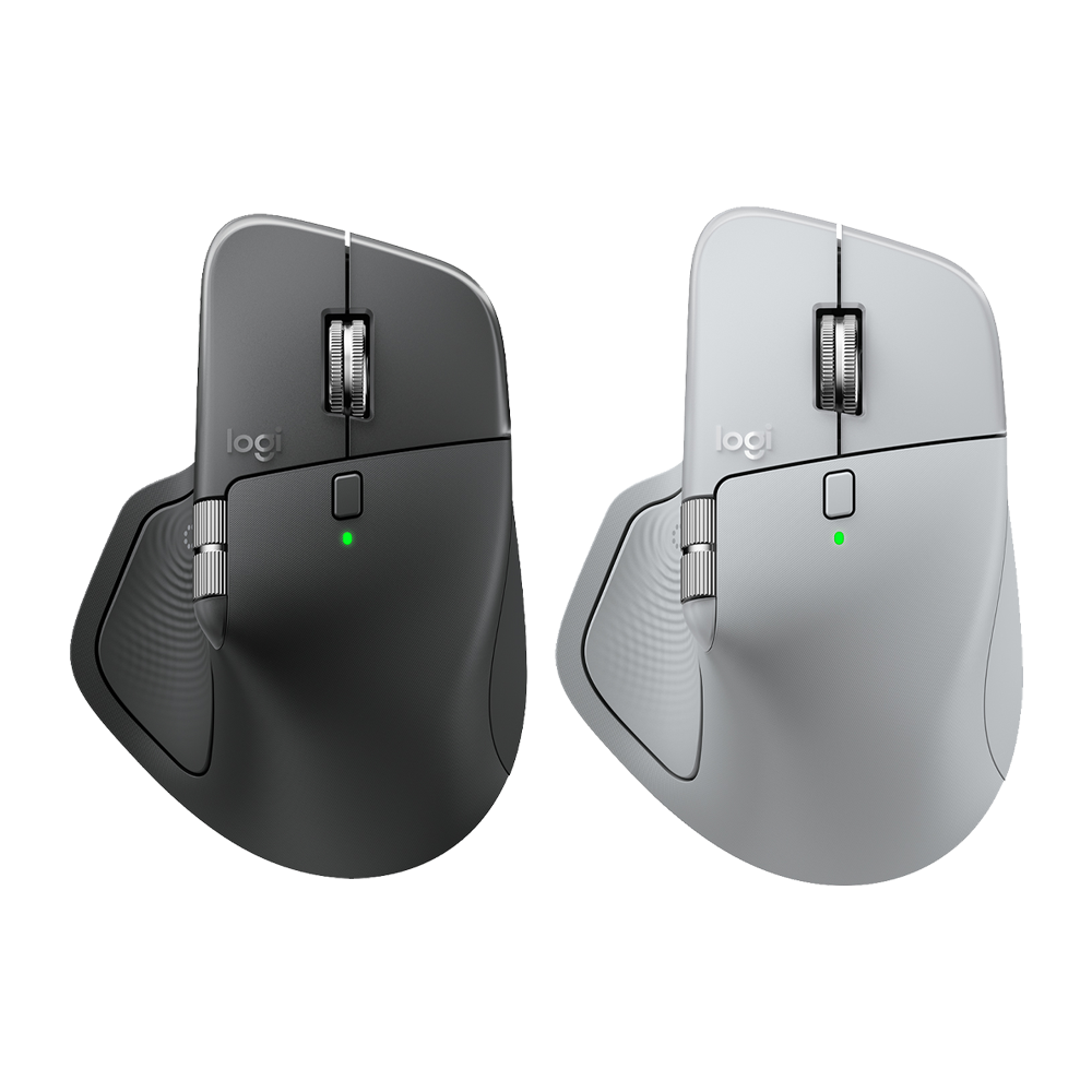 Logitech MX Master 4 石墨灰與珍珠白無線滑鼠並排，展示官方經典配色外觀。graphite and pale grey  Logitech MX Master 4 wireless mice comparison showcasing official color options.