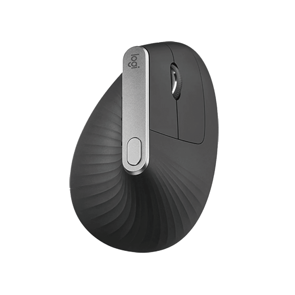 羅技 MX Vertical 垂直滑鼠正面，展示 57 度人體工學流線型機身。Front view of Logitech MX Vertical mouse showcasing its 57-degree ergonomic shape.