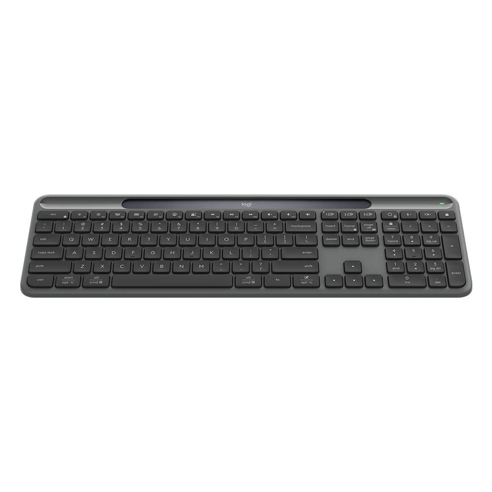羅技 K980 光能無線鍵盤正面縮圖，展示超薄全尺寸極簡外觀。Front thumbnail view of Logitech K980 solar wireless keyboard with slim layout.