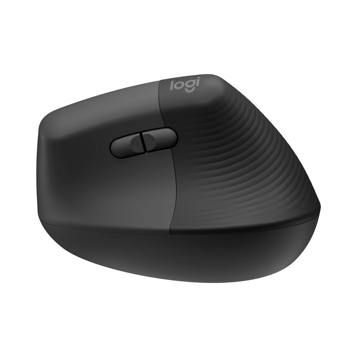 羅技 Lift 石墨灰垂直滑鼠側面。Side view of Graphite Logitech Lift vertical mouse