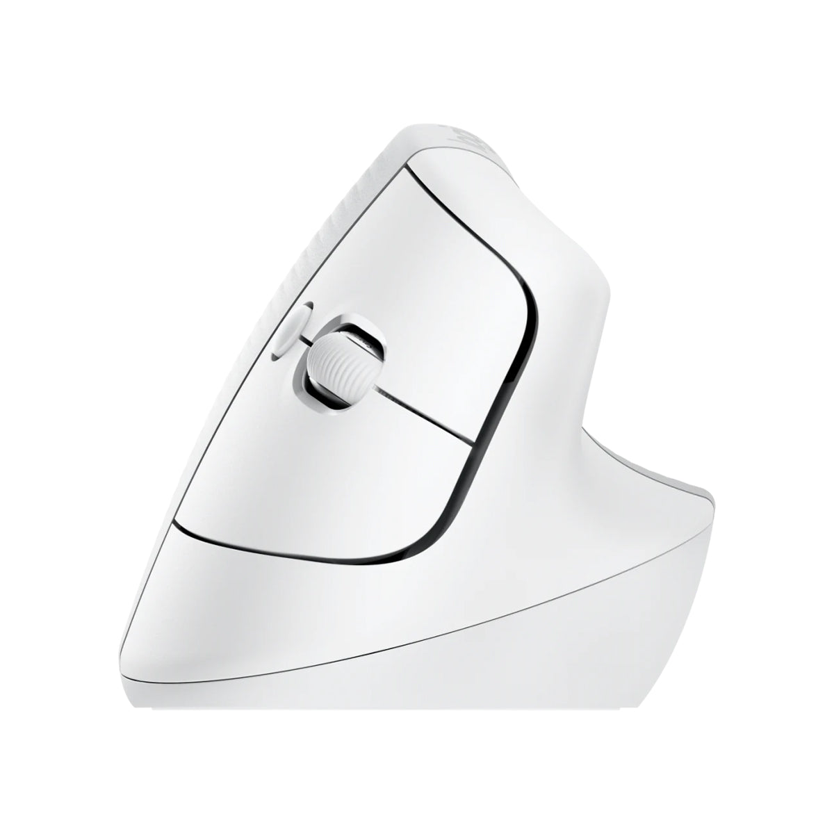 羅技 Lift 珍珠白垂直滑鼠頂部。Top view of Pale Grey Logitech Lift vertical mouse.